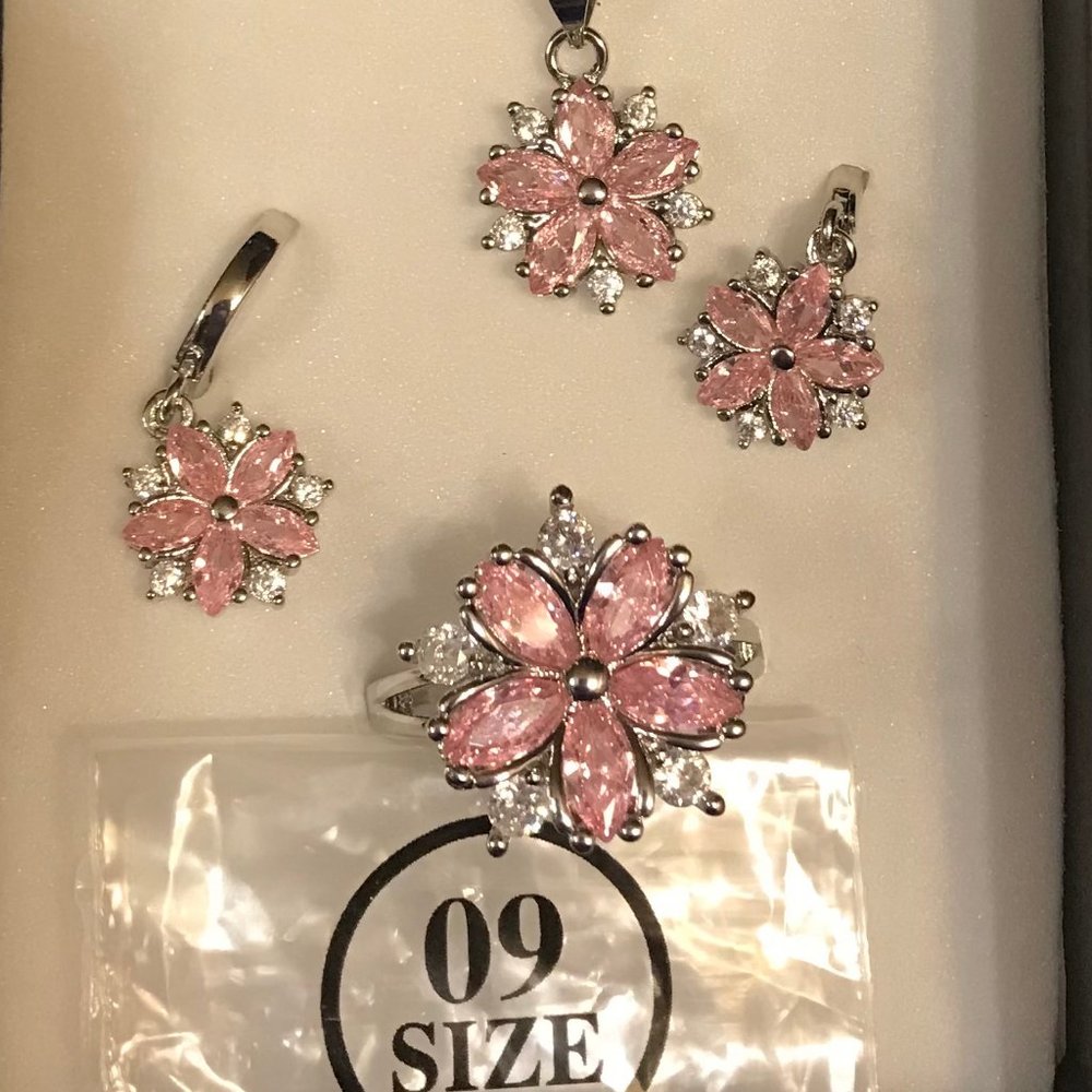 925 Sterling Silver Necklace Cherry Flower Pink CZ Pendant 18" Chain Box